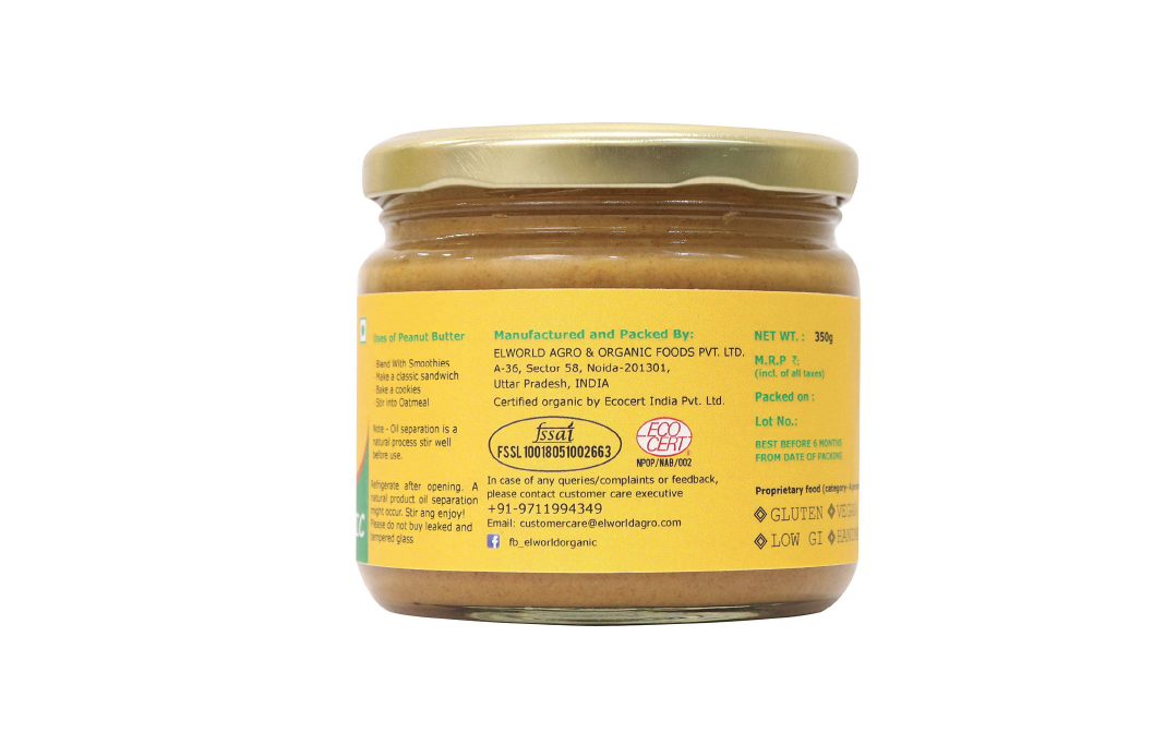 Elworld Organic Peanut Butter Sweetened with Coconut Sugar   Glass Jar  350 grams